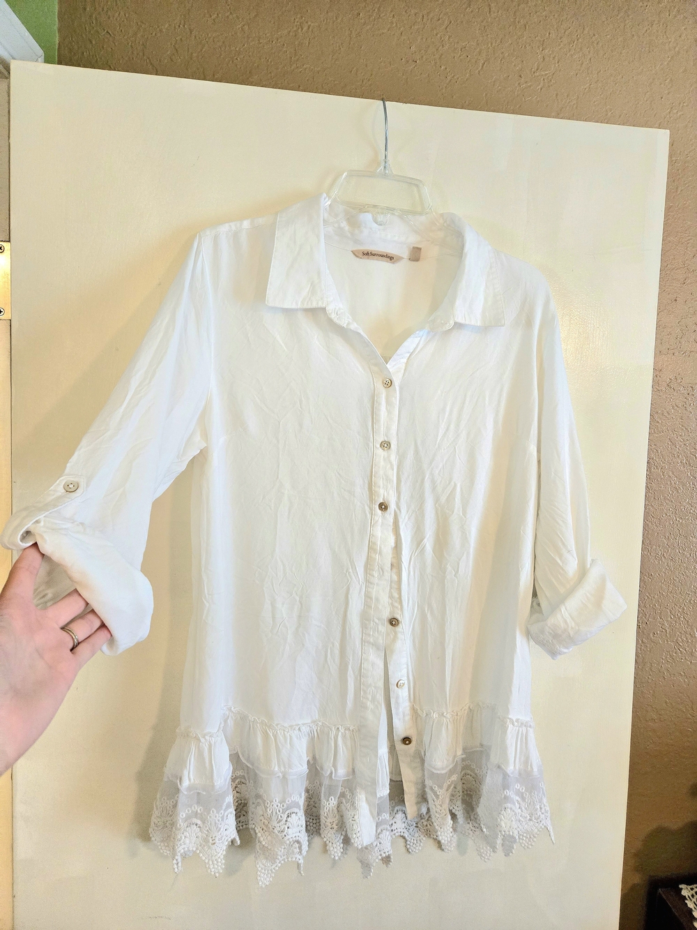 Soft Surroundings White Lace-Hem Button Front Blouse